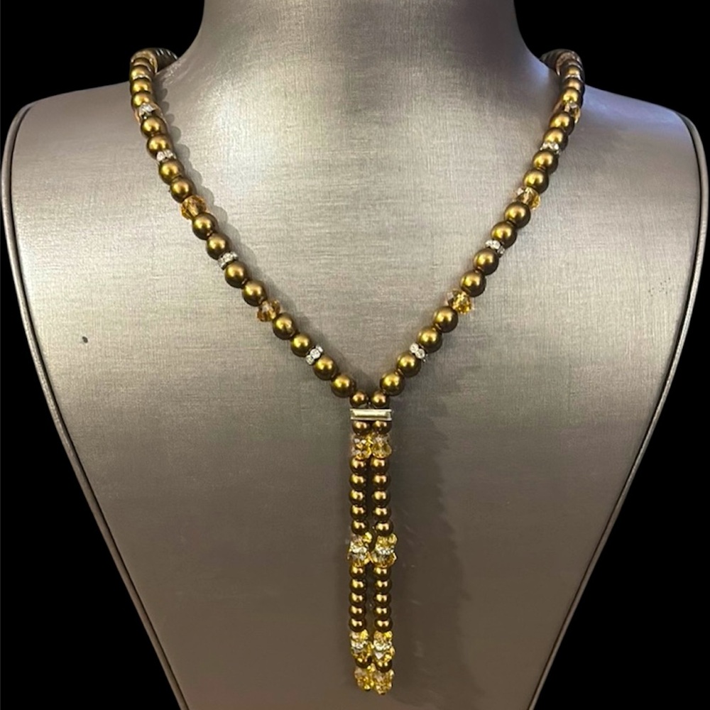 Vintage Kissaka - Bronze Faux Pearl with Crystal Accents Y Necklace